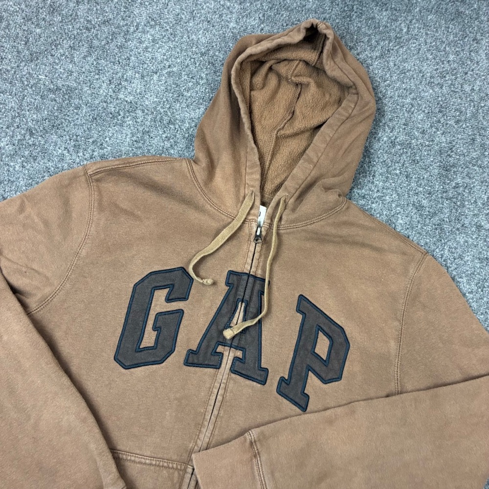 Y2K-Styled Gap Mens Size Medium Brown Logo Full Zip Fleece Hoodie Sweatshirt